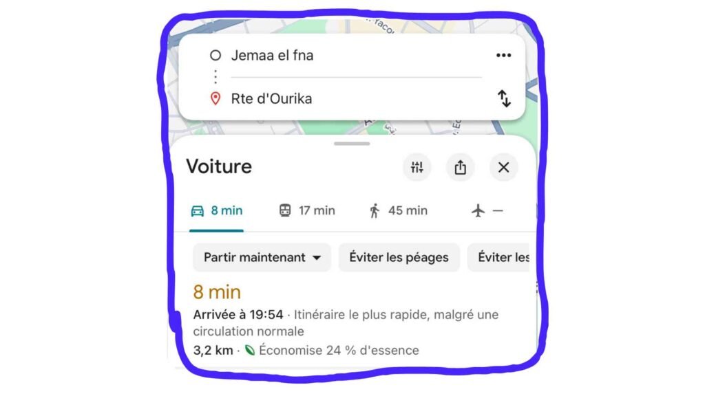 Localisation de la route de l’Ourika à moins de 10 minutes de la place Jemaa el-Fna à Marrakech