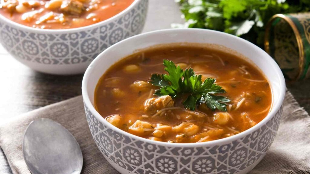 Harira marocaine, soupe traditionnelle à base de tomates, lentilles, pois chiches et épices