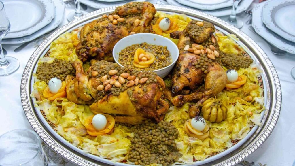Rfissa marocaine à base de crêpes msemen, poulet et lentilles, plat traditionnel familial