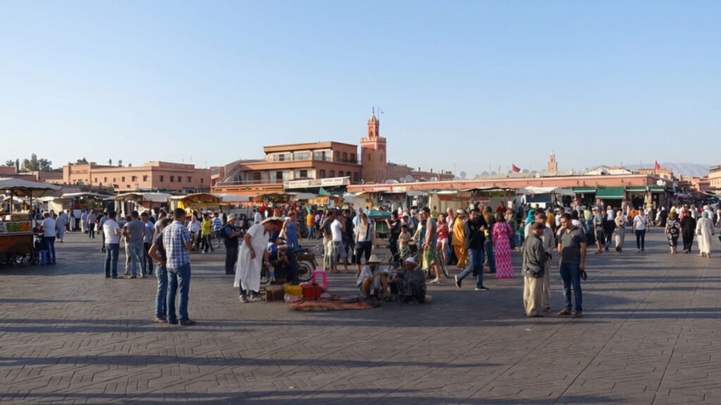Place Jemaa el-Fna à Marrakech animée par les artistes de rue, les terrasses et les stands de cuisine marocaine.