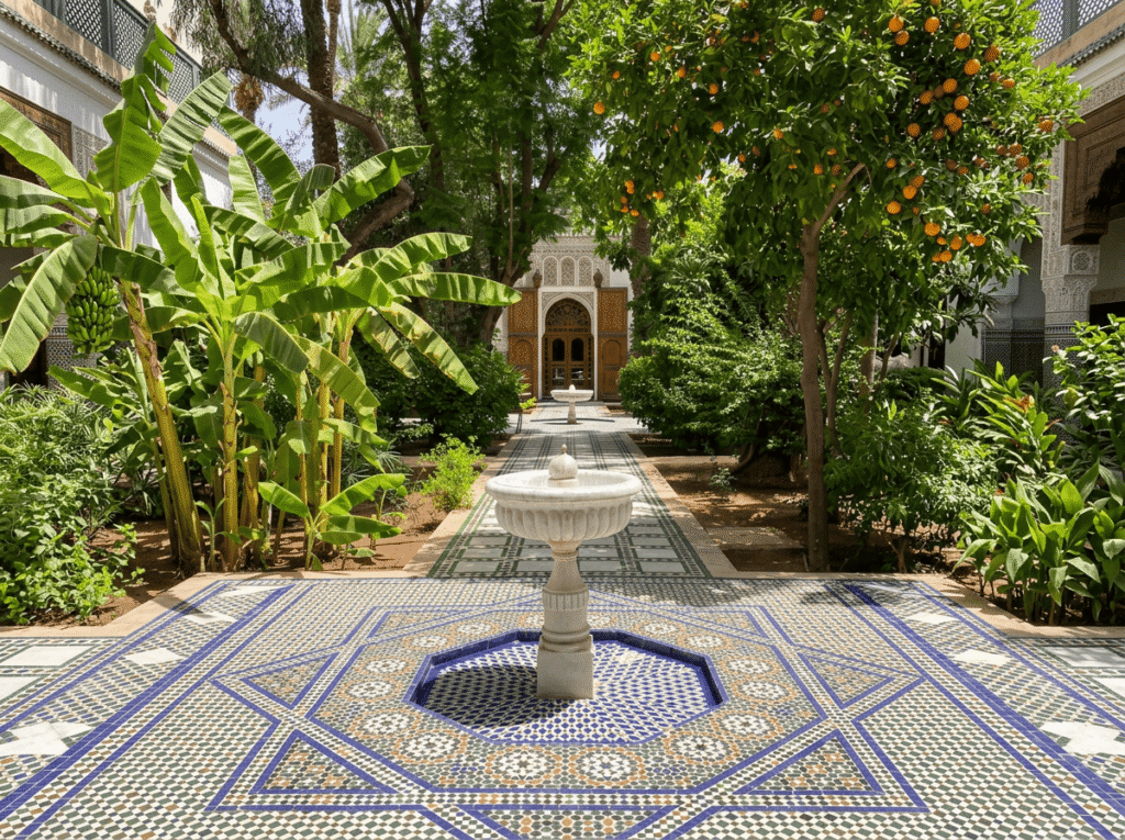 Patio du Palais Bahia à Marrakech avec ses jardins, ses fontaines et ses magnifiques décors artisanaux.