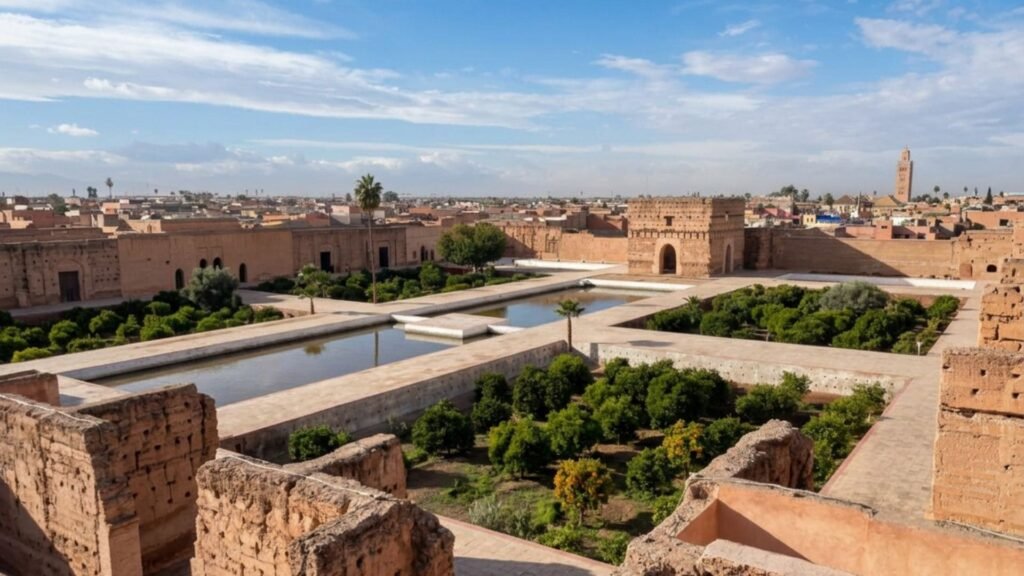 Remparts du Palais El Badi à Marrakech offrant une vue panoramique sur la médina et les cigognes.