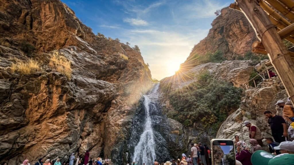 Vue panoramique sur la vallée de l'Ourika et sa cascade, une destination nature incontournable à seulement 1h30 de Marrakech.